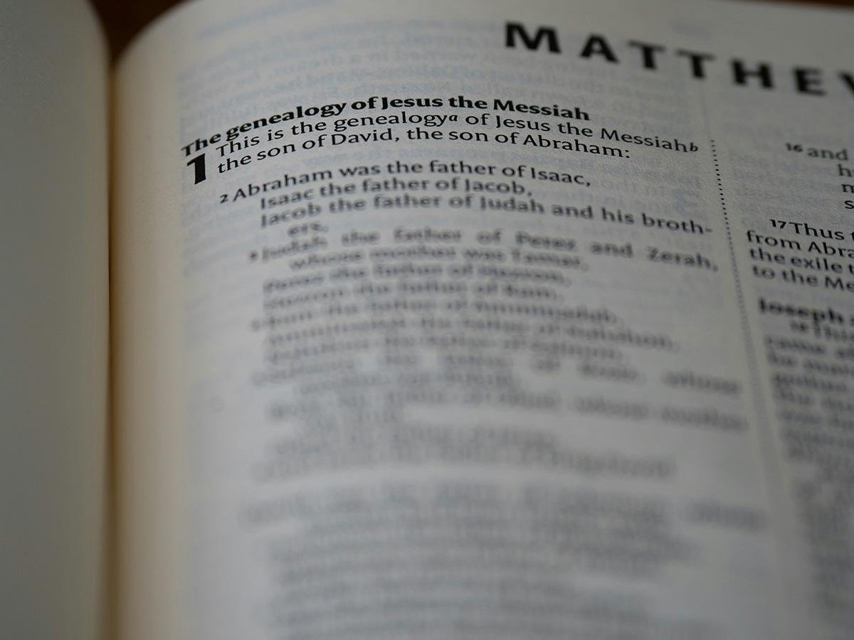 Bible opened to Matthew 1.
