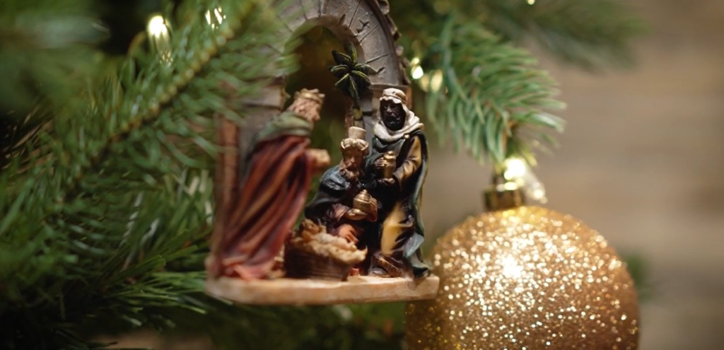 Christmas ornaments on a tree.