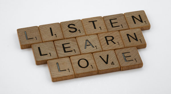 Listen, Learn, Love - Scrabble tiles