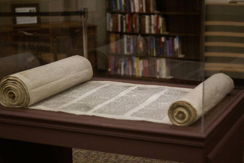 Ancient scroll on display in a library