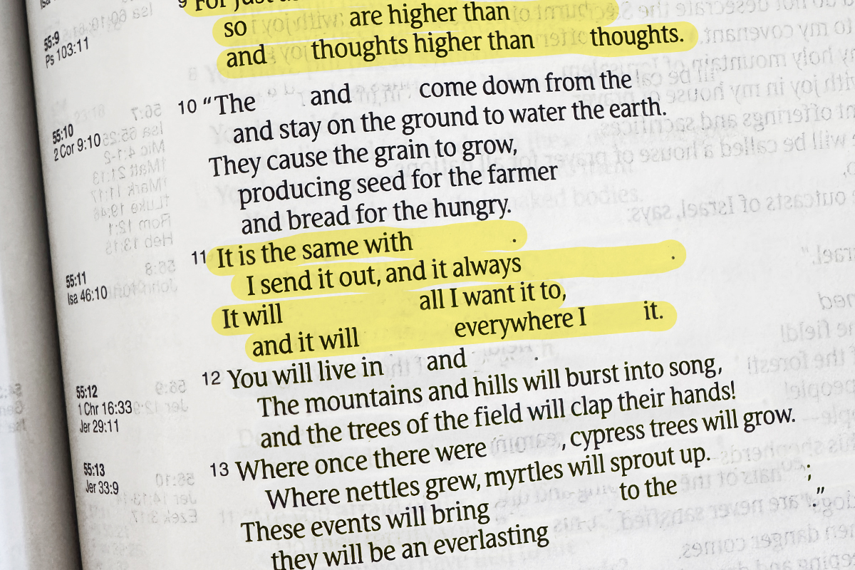 Highlighted Bible passages with words missing.